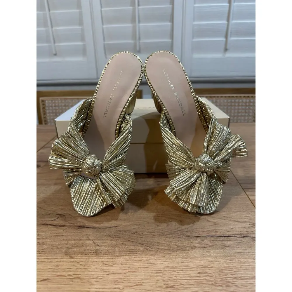 Loeffler Randall Penny Gold Pleated Bow Heel Size 6 NIB Glam Dressy Knotted Top
